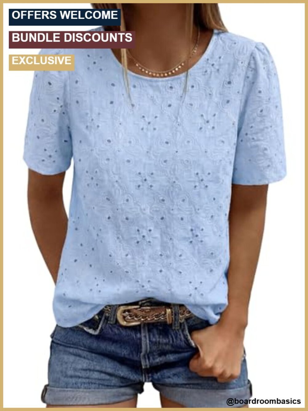 Embroidered Eyelet Short Sleeve Blouse, Puff Sleeve Crew Neck, Cotton Lined,